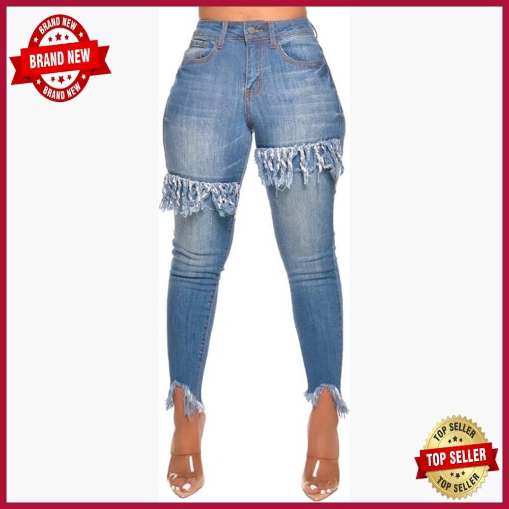Skinny Stretch Jeans with Ripped Frayed Hem Slim Fit Denim Pants
